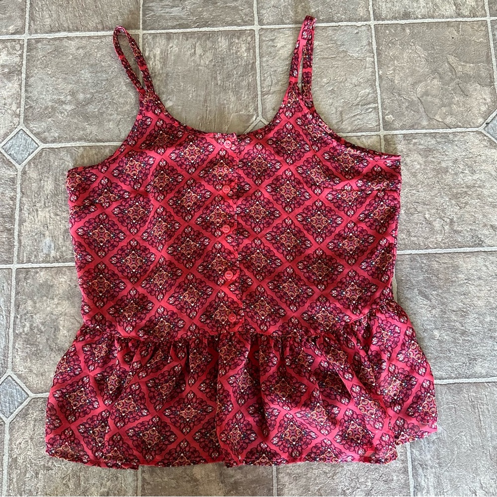 Pink Arizona Jean Co Tank Top Patterned Button Peplum Sheer